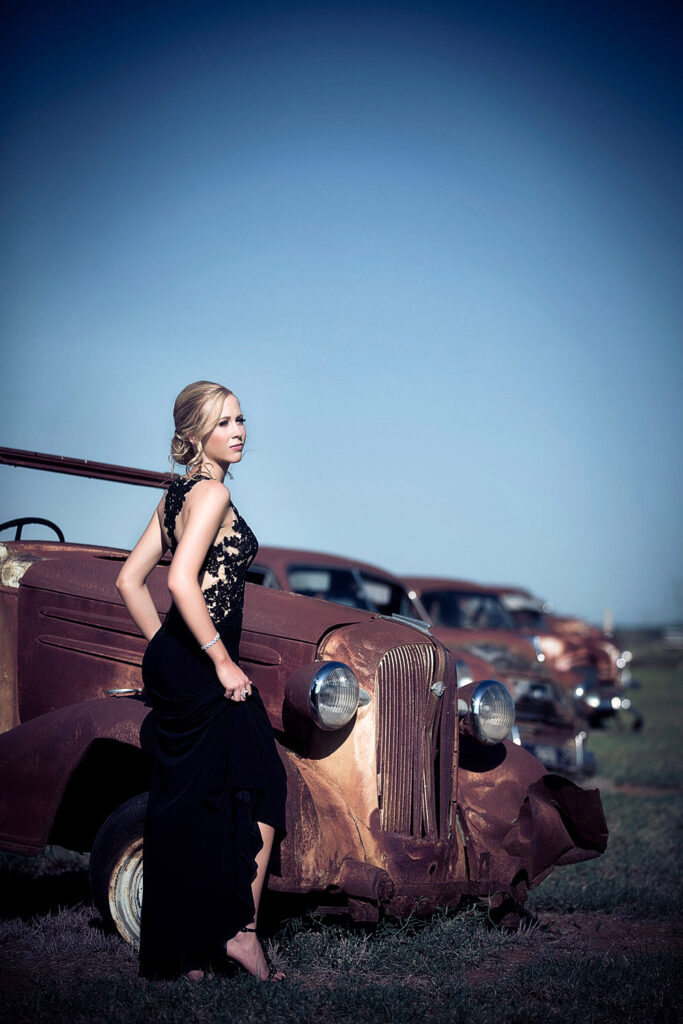 girl with old cars senior formal, Blackwater