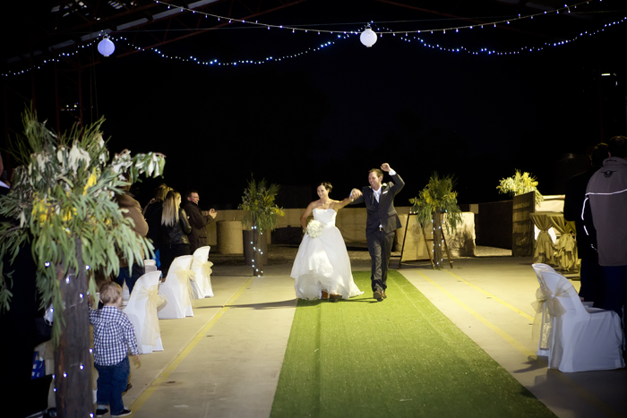 bride and groom at rural wedding reception