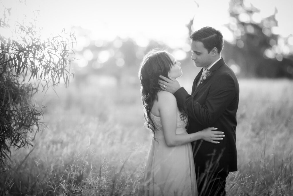 Elegant wedding portrait of a bride and groom embracing